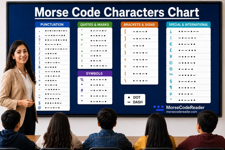 Teacher Explaining Morse Code Characters Chart