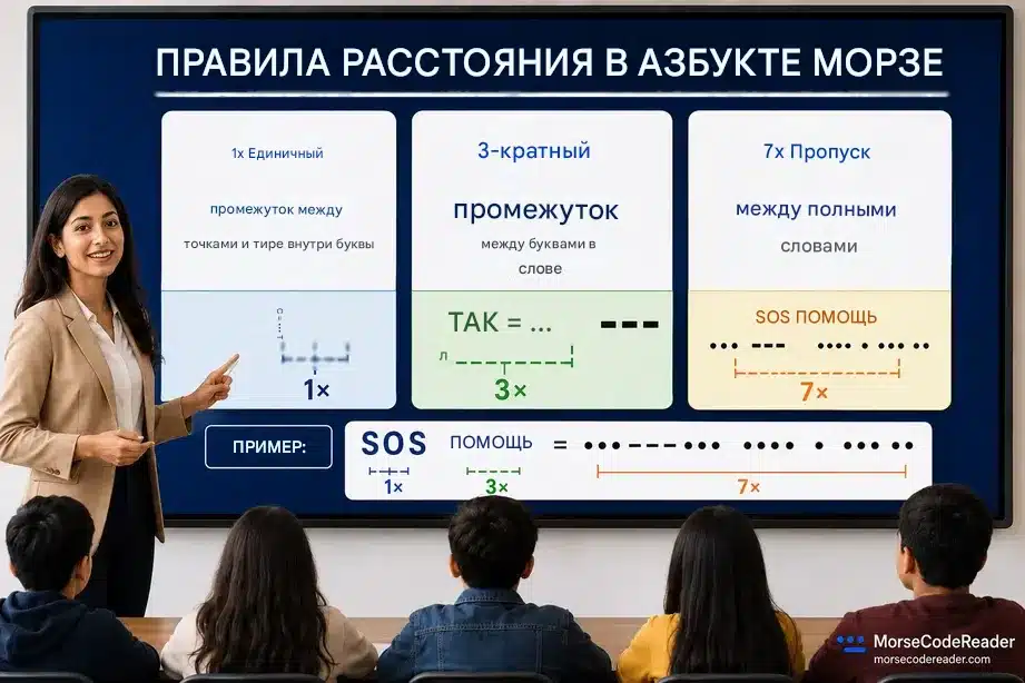 Инфографика правил пробелов в азбуке Морзе