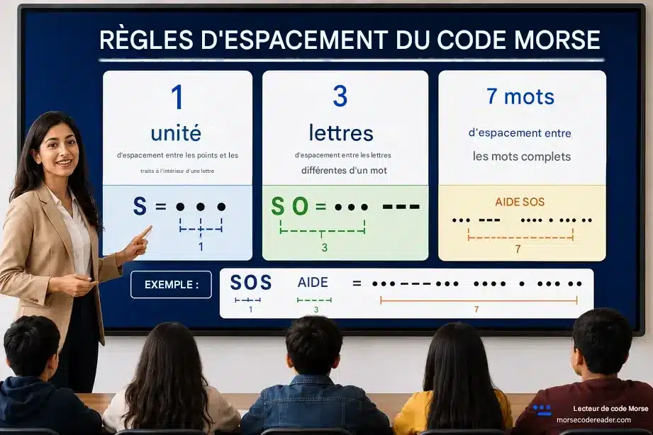 Infographie sur les règles d'espacement du code Morse pour débutants