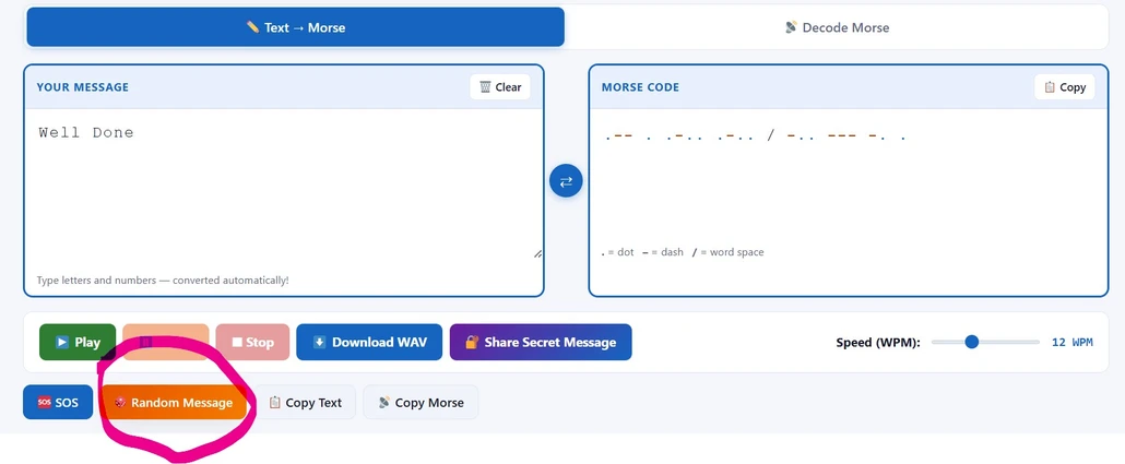 Generate random message feature: SOS button, Random Message, Copy Text, Copy Morse