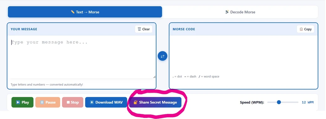 Share secret message via Morse code - interface with WhatsApp, Facebook, Twitter/X, Telegram, Copy Link